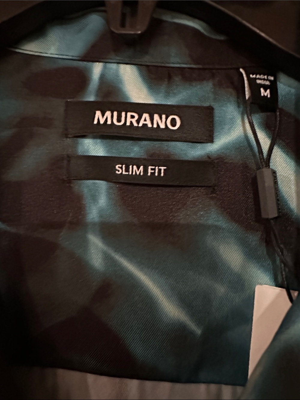 Murano Teal Blue Black slim fit water print short sleeve woven camp shirt NWT - Picture 7 of 9